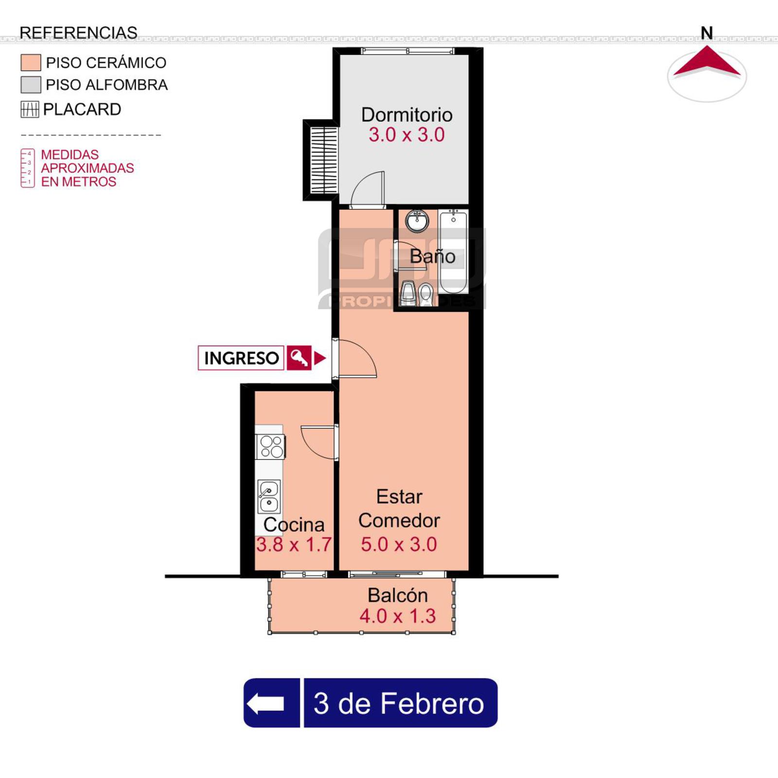 Croquis Venta departamento 1 dormitorio Rosario, 3 de Febrero y Laprida